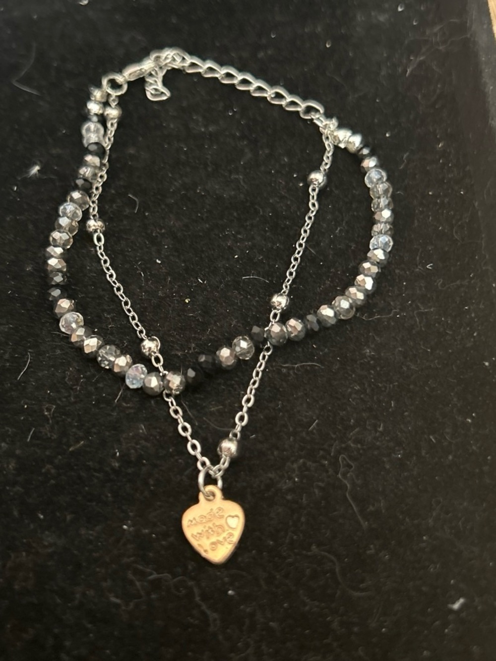 Heart Charm Double-Layer Bracelet in Silver and Black